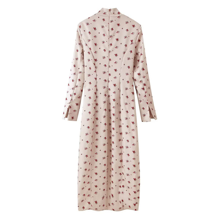 Ladies midi dress with stand-up collar, floral all-over print and concealed button placket Mune Fashion