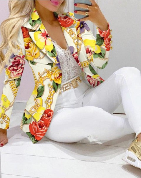 Ladies Two-Piece Blazer and Pant Set with Butterfly Print and Glamorous Glitter Effect Mune Fashion
