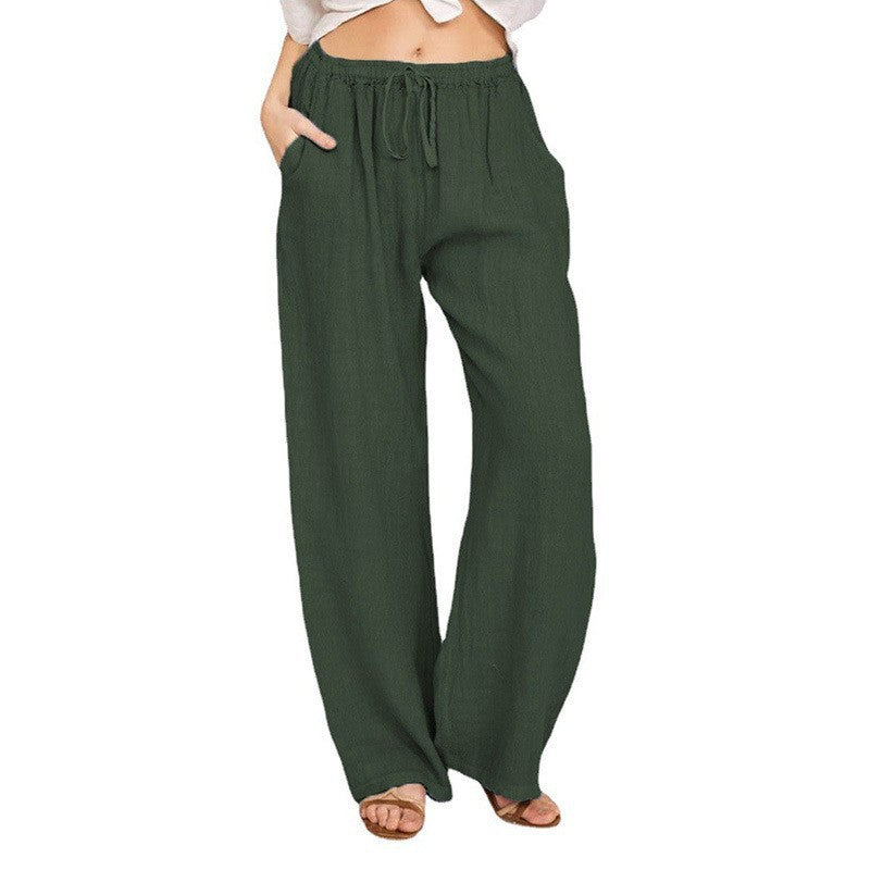 Women's Wide Linen Look Pants with Elastic Waistband, Drawstring and Side Pockets Mune Fashion