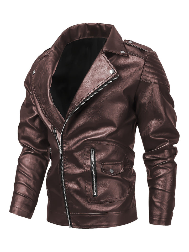 Men's Asymmetrical Biker Jacket made of Faux Leather with Quilted Shoulder Padding and Utility Pockets Mune Fashion