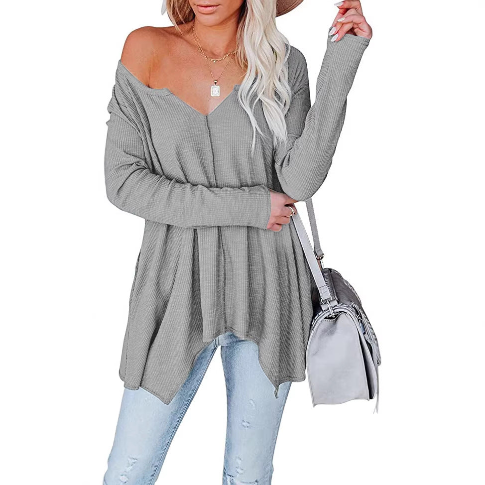 Women's Casual Waffle Knit Tunic Top with V-Neck, Off-Shoulder and Asymmetrical Hem Mune Fashion