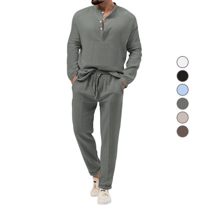 Men's Casual Two-Piece Lounge Set made of Cotton Gauze with Henley Top and Drawstring Pants Mune Fashion