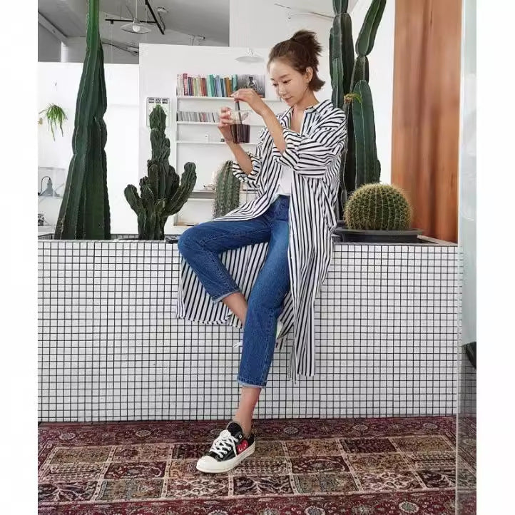 Women’s Long Striped Shirt Midi Dress with Stand Collar, Oversized Fit and Deep Side Slits Mune Fashion