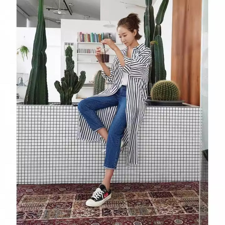 Women’s Long Striped Shirt Midi Dress with Stand Collar, Oversized Fit and Deep Side Slits Mune Fashion