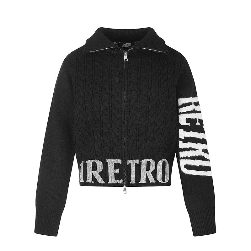 Women's Short Cable Knit Cardigan with Stand-up Collar, Full-Length Zipper and Typo Hem Mune Fashion