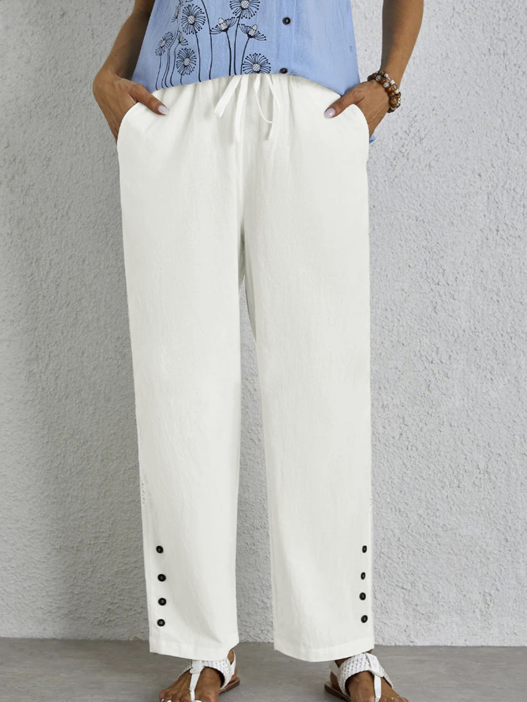 Women's Light Palazzo Pants with Elastic Waistband, Drawstring and Decorative Button Detail Mune Fashion