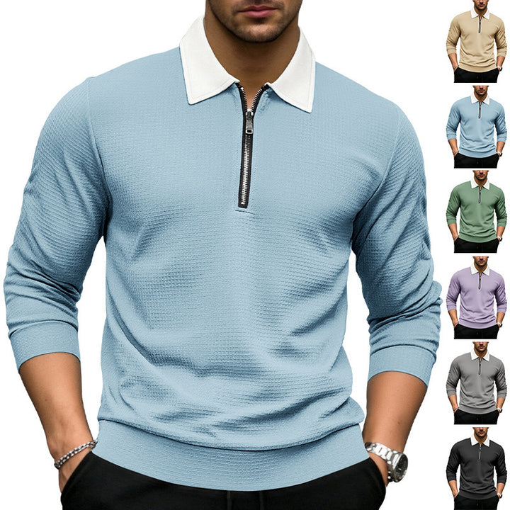 Men's Elegant Waffle Structure Polo Shirt with Half Zip and Contrast Collar Mune Fashion