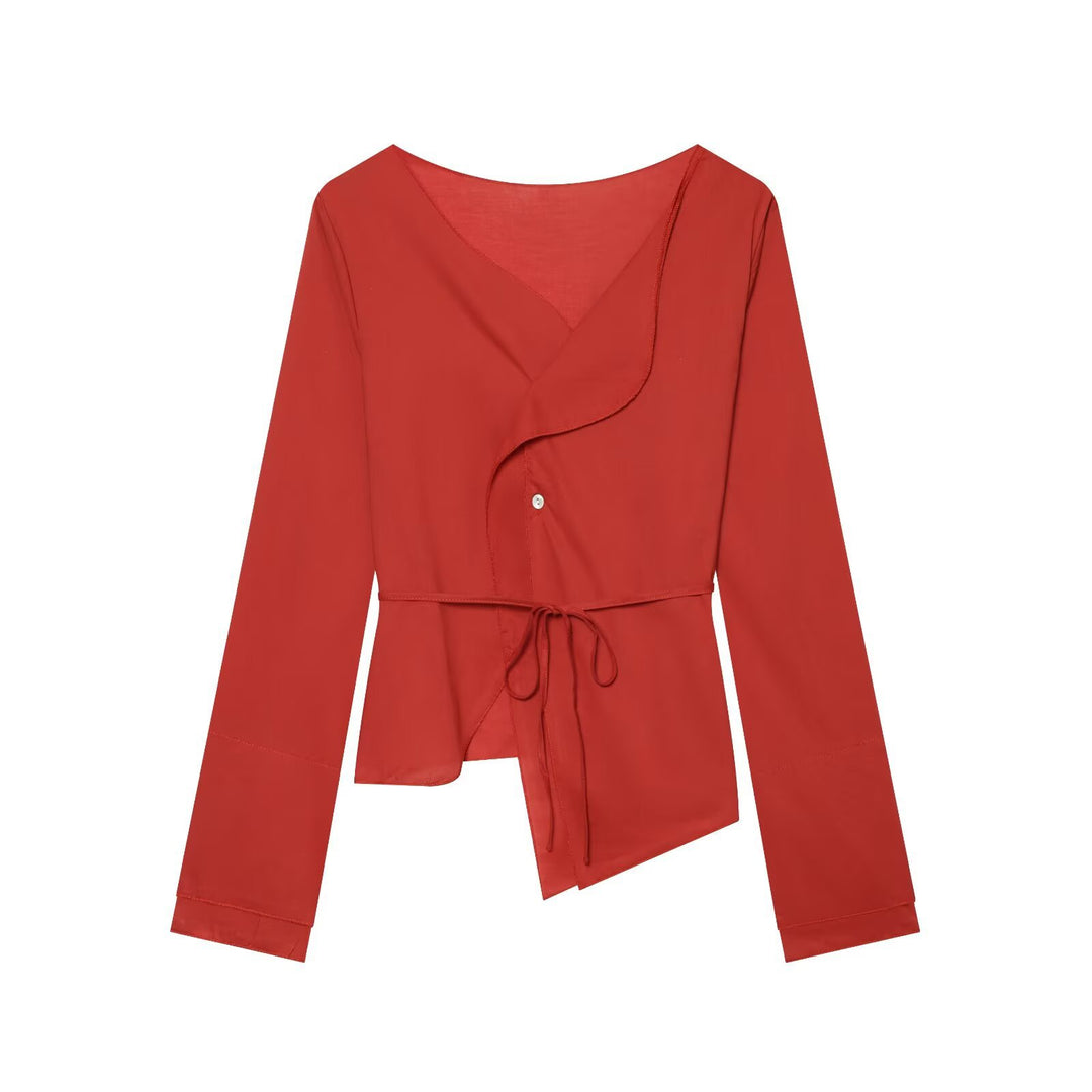 Women's wrap blouse with waist tie, asymmetrical hem and gathered edges Mune Fashion