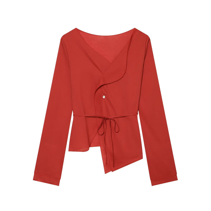 Women's wrap blouse with waist tie, asymmetrical hem and gathered edges Mune Fashion