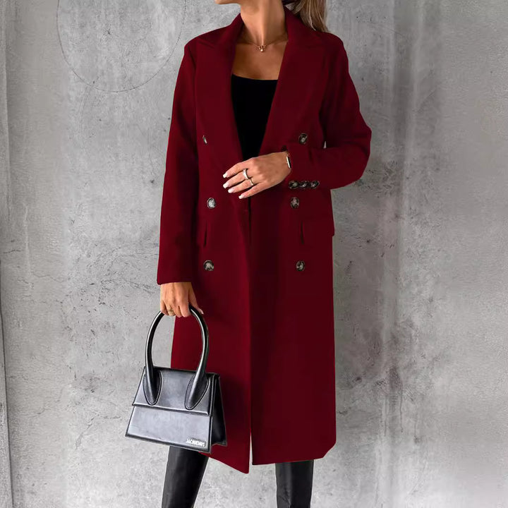 Women's double-breasted coat with lapel collar, patch pockets, and knee-length cut Mune Fashion