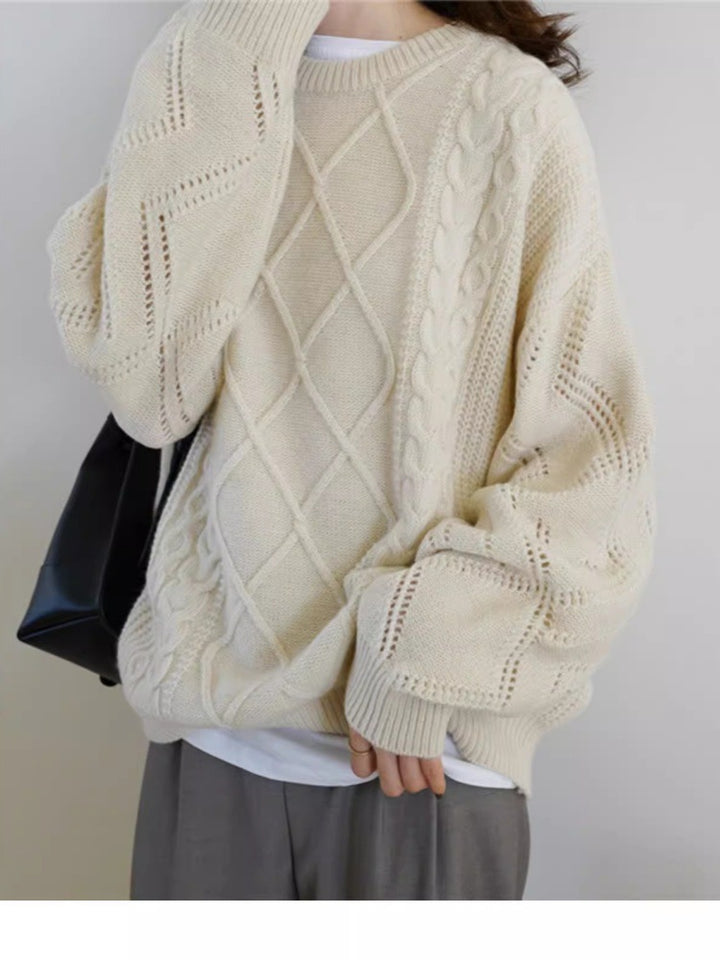 Women’s Oversized Cable Knit Sweater with Openwork Details and Ribbed Hem Mune Fashion