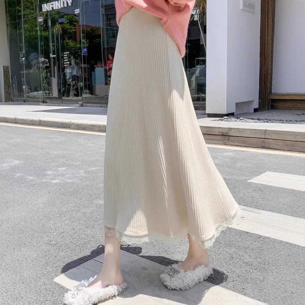 Ladies Long Knit Skirt with Delicate Lace Trim Mune Fashion