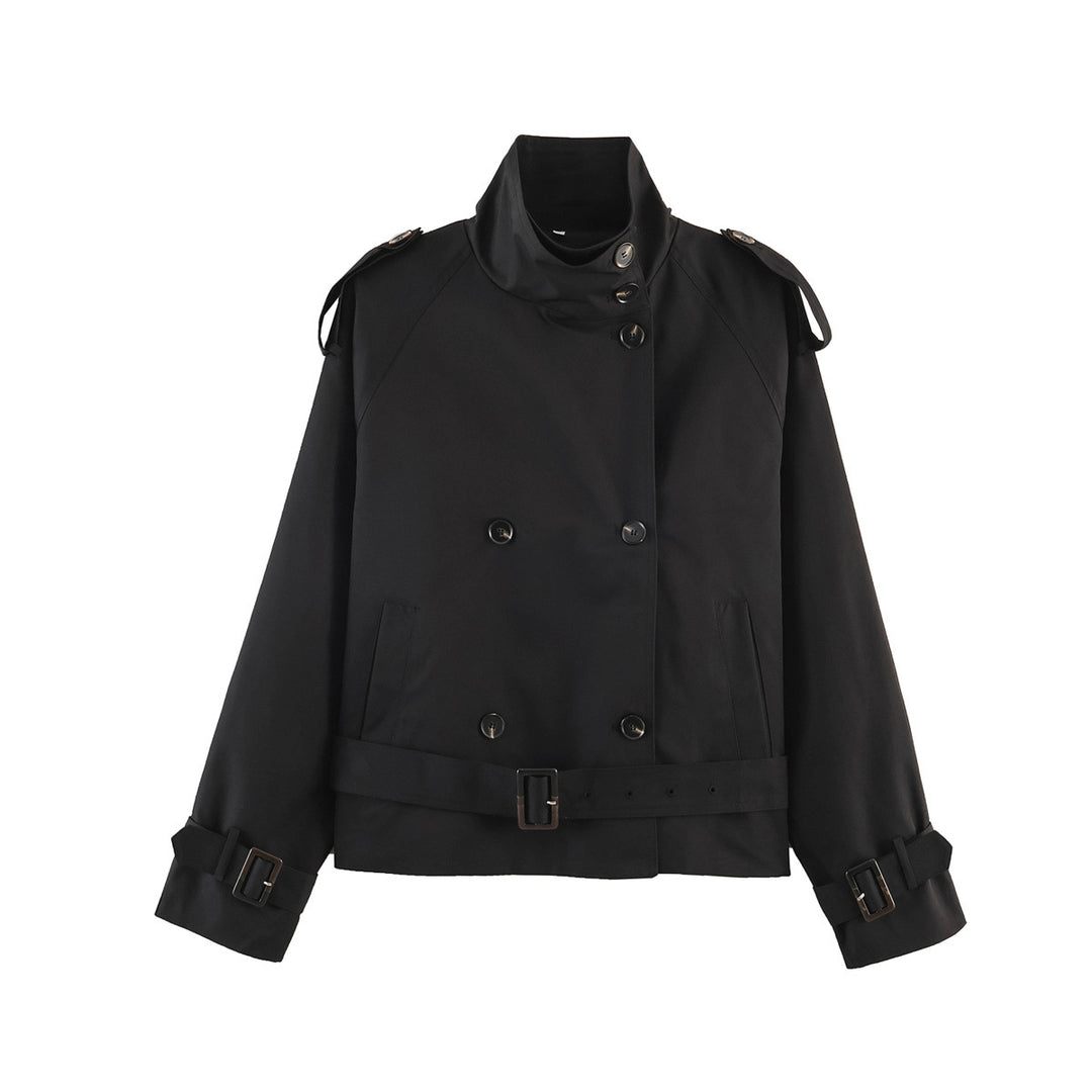 Women 20+ short double-breasted trench jacket in boxy cut with stand-up collar shoulder epaulets and adjustable waist belt Drune