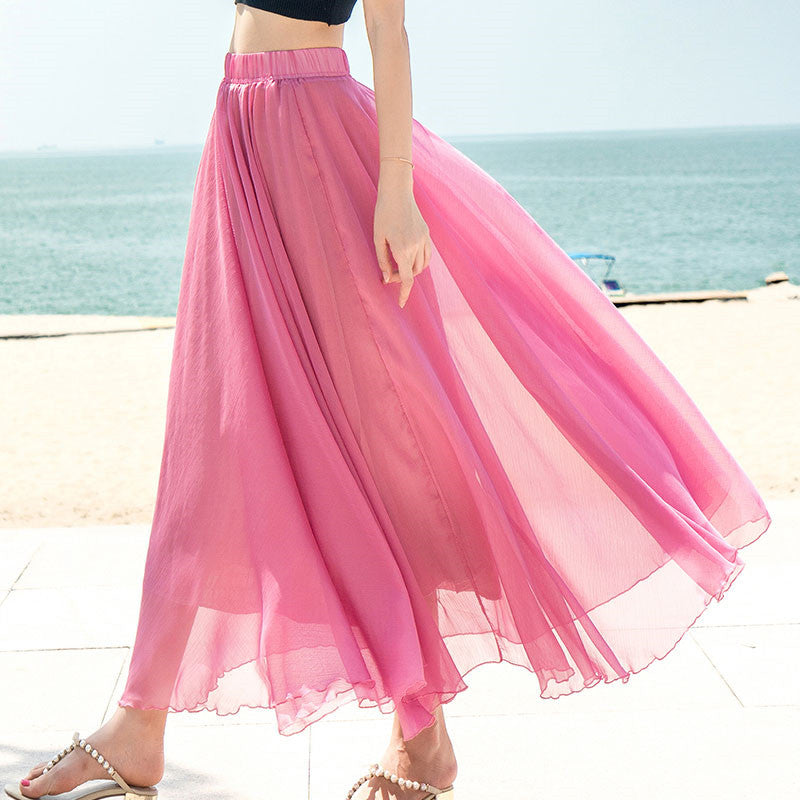 Women's flowing maxi skirt made of chiffon with elastic waistband and layered ruffle Mune Fashion