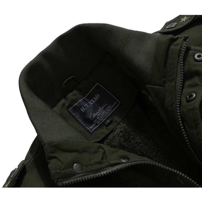 Men's Canvas Field Jacket in Utility Style with Warming Fleece Lining and Shoulder Patches Mune Fashion