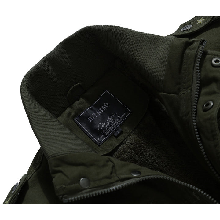 Men's Canvas Field Jacket in Utility Style with Warming Fleece Lining and Shoulder Patches Mune Fashion