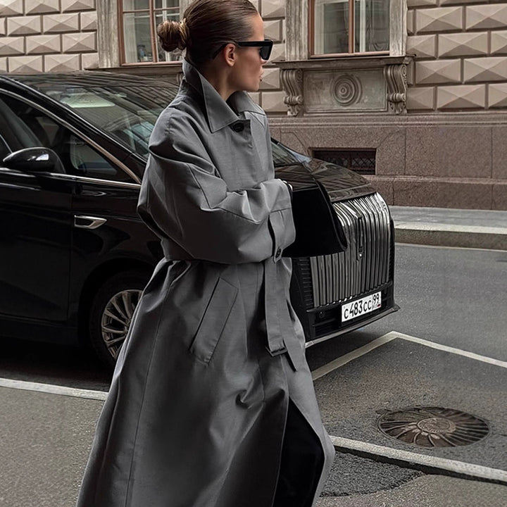 Women's Oversize Trench Coat with High Stand-Up Collar, Tie Belt and Hidden Button Placket Mune Fashion