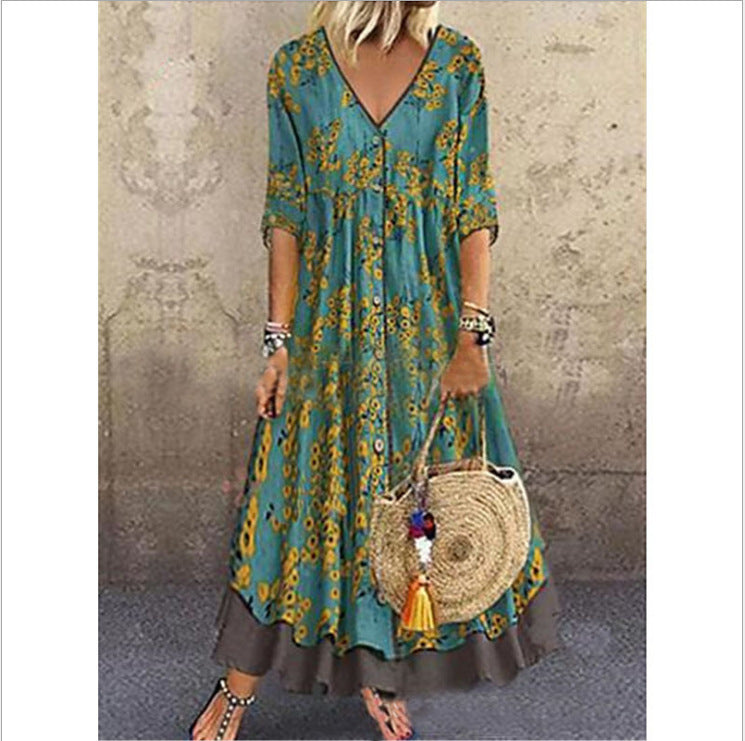 Women’s maxi dress in boho style with V-neck, continuous button placket and tiered skirt Mune Fashion
