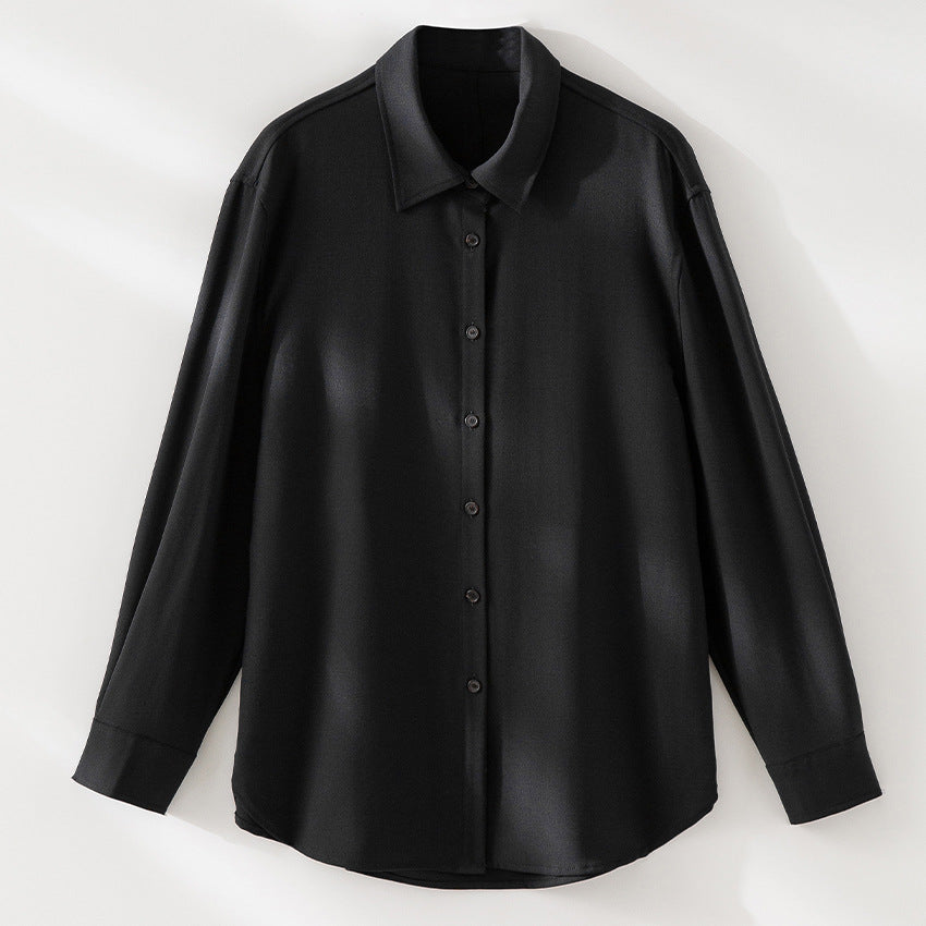 Women's Oversize Satin Blouse in Shirt Cut with Classic Collar and Rounded Hem Mune Fashion