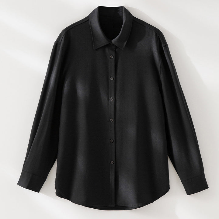 Women's Oversize Satin Blouse in Shirt Cut with Classic Collar and Rounded Hem Mune Fashion