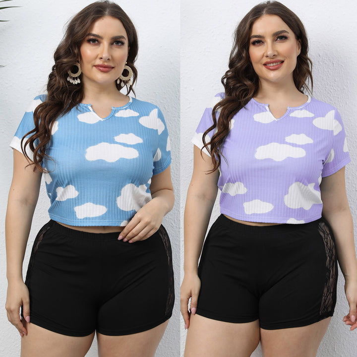 Women's cropped T-shirt with cloud pattern and elastic waistband Mune Fashion