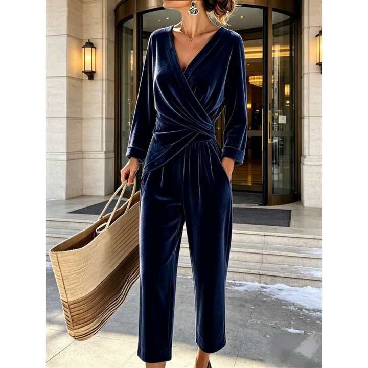 Women's velvet jumpsuit with wrap top, tailored draping, and wide ankle-length leg Mune Fashion