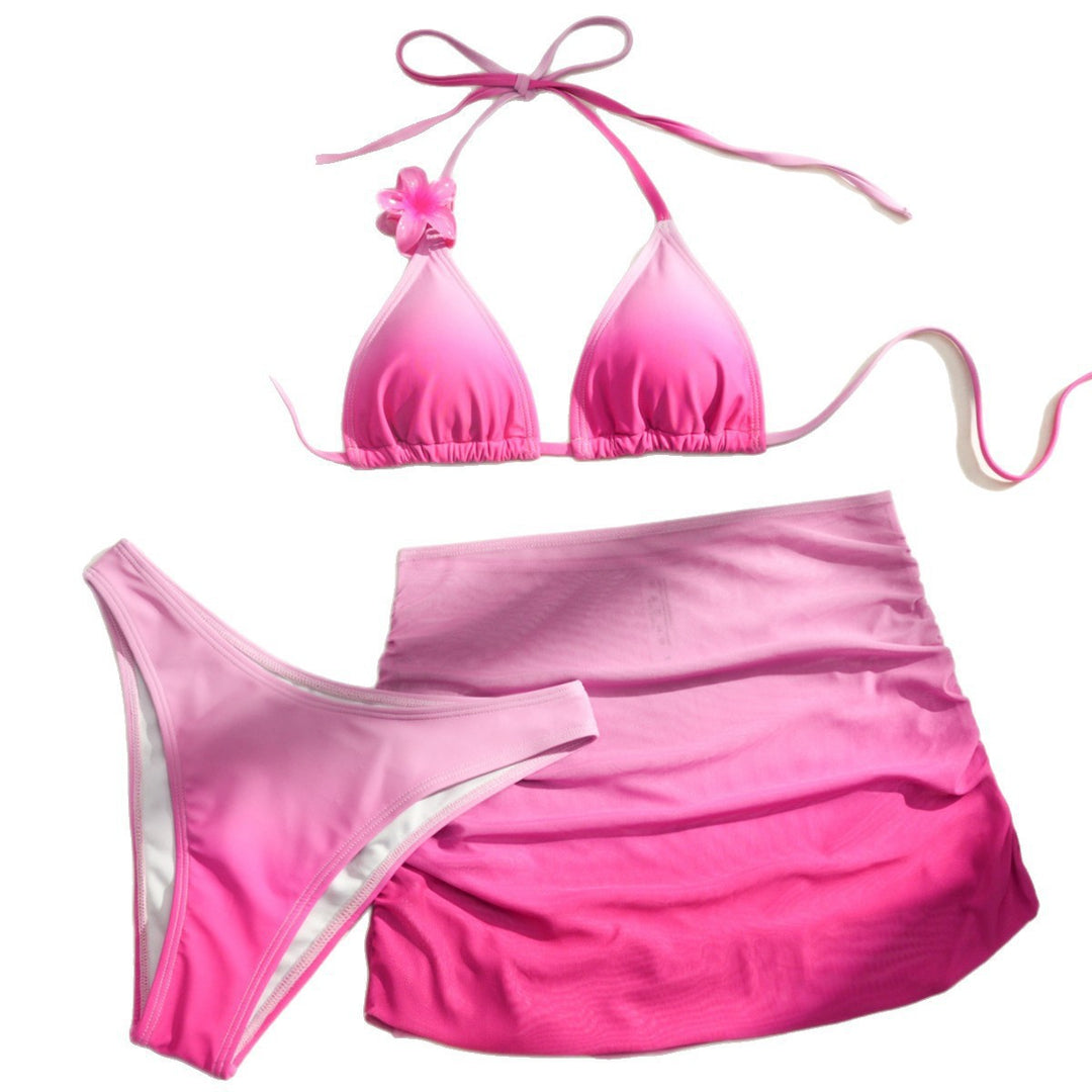 Women Triangle Bikini Set with Floral Detail and Wrap Skirt Mune Fashion