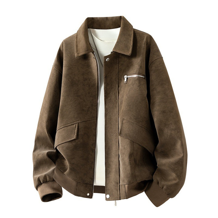 Men's boxy blouson jacket in suede leather look with chest zipper, flap pockets & ribbed hem Mune Fashion