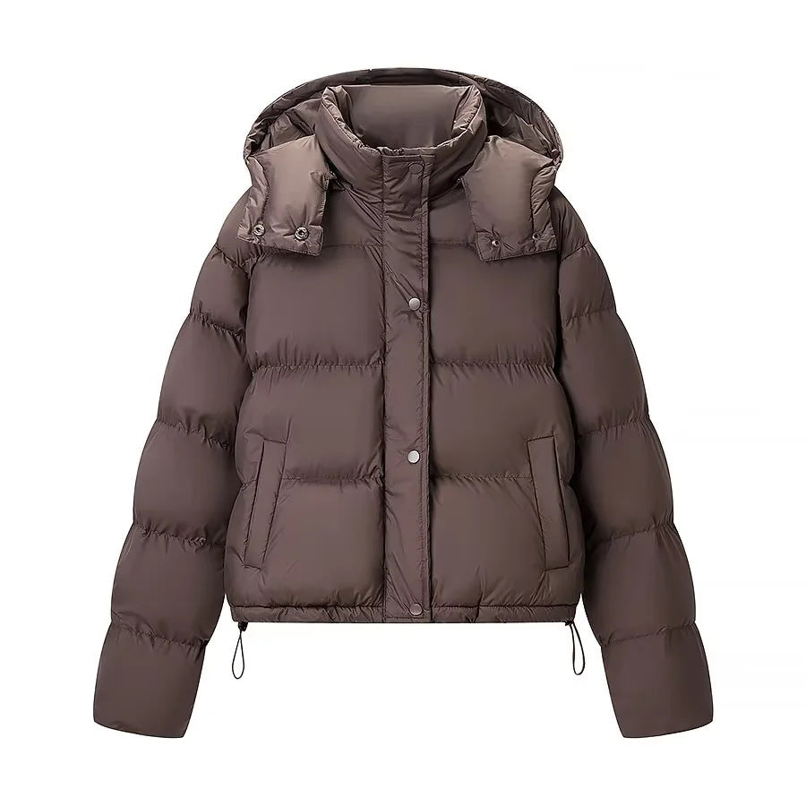Women's short quilted puffer jacket with removable hood and drawstring hem Mune Fashion
