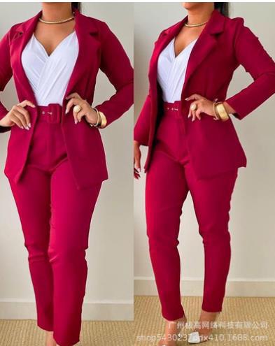 Women's tailoring set with animal print lapel, tailored belt blazer and high-waist slim pants Mune Fashion