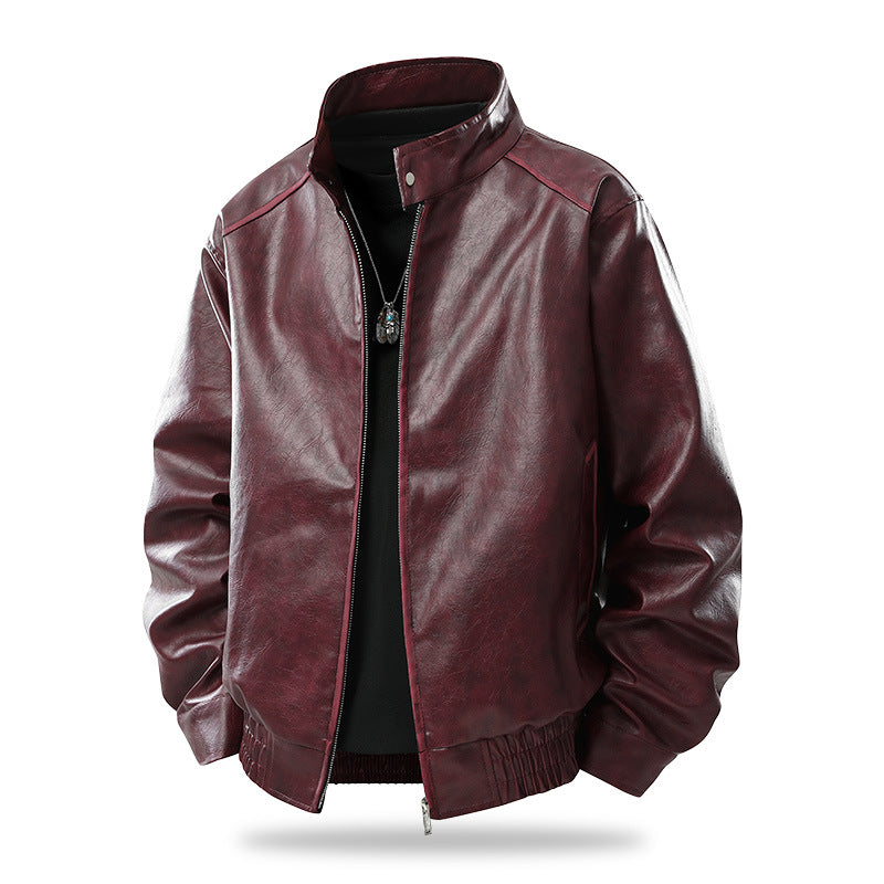 Men's Modern Cut Faux Leather Bomber Jacket with Stand Collar, Zipper and Elastic Hem Mune Fashion