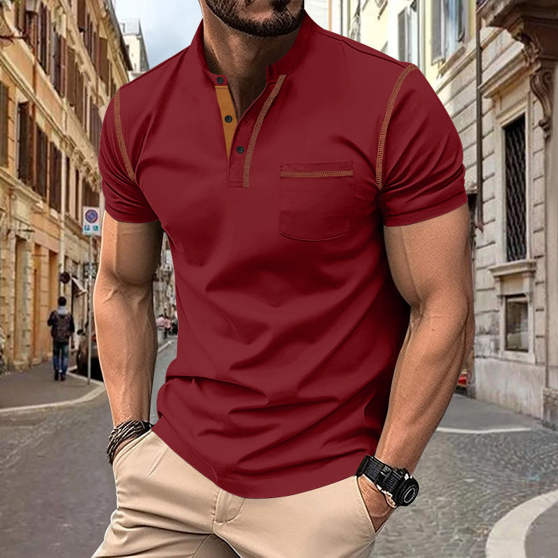 Men's short-sleeve polo in Henley style with stand-up collar, chest pocket and contrast stitching Mune Fashion