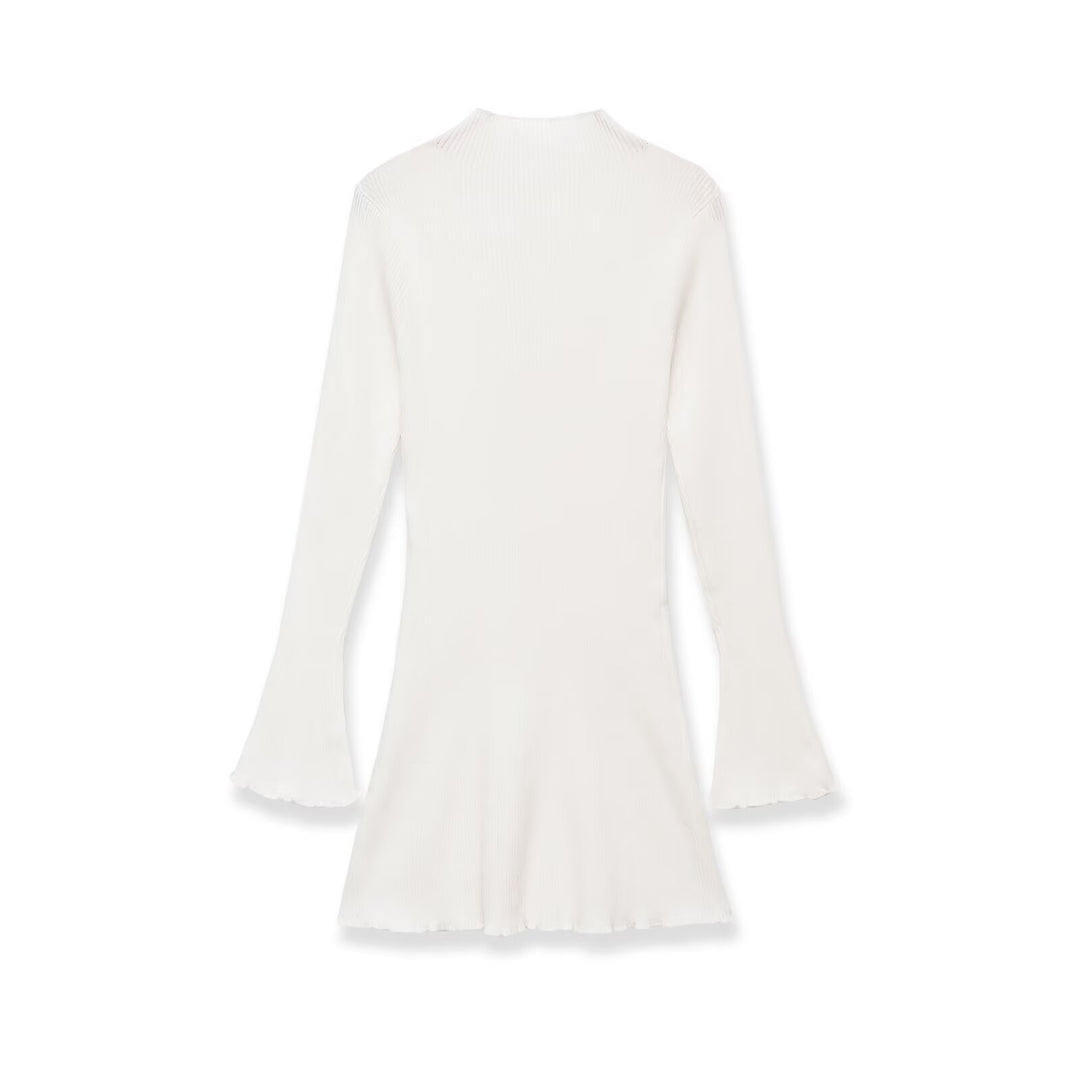 Women's fine knit mini dress with high collar, flared hem, and bell sleeves Mune Fashion