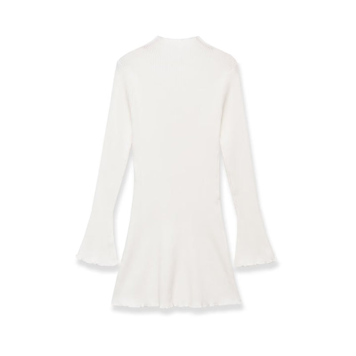 Women's fine knit mini dress with high collar, flared hem, and bell sleeves Mune Fashion