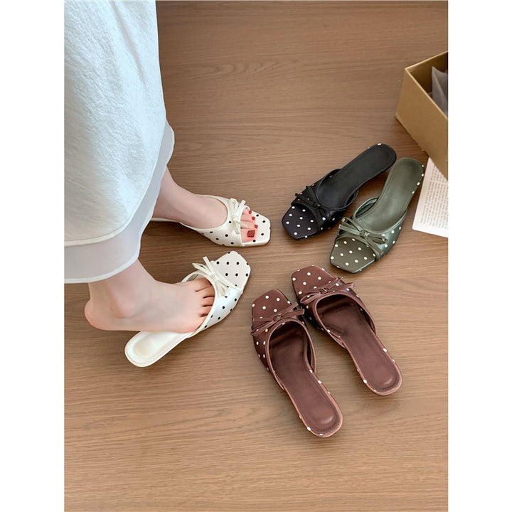 Women Square Slip-On Mules with Polka Dot Pattern, Fine Decorative Bow and Comfort Footbed Mune Fashion