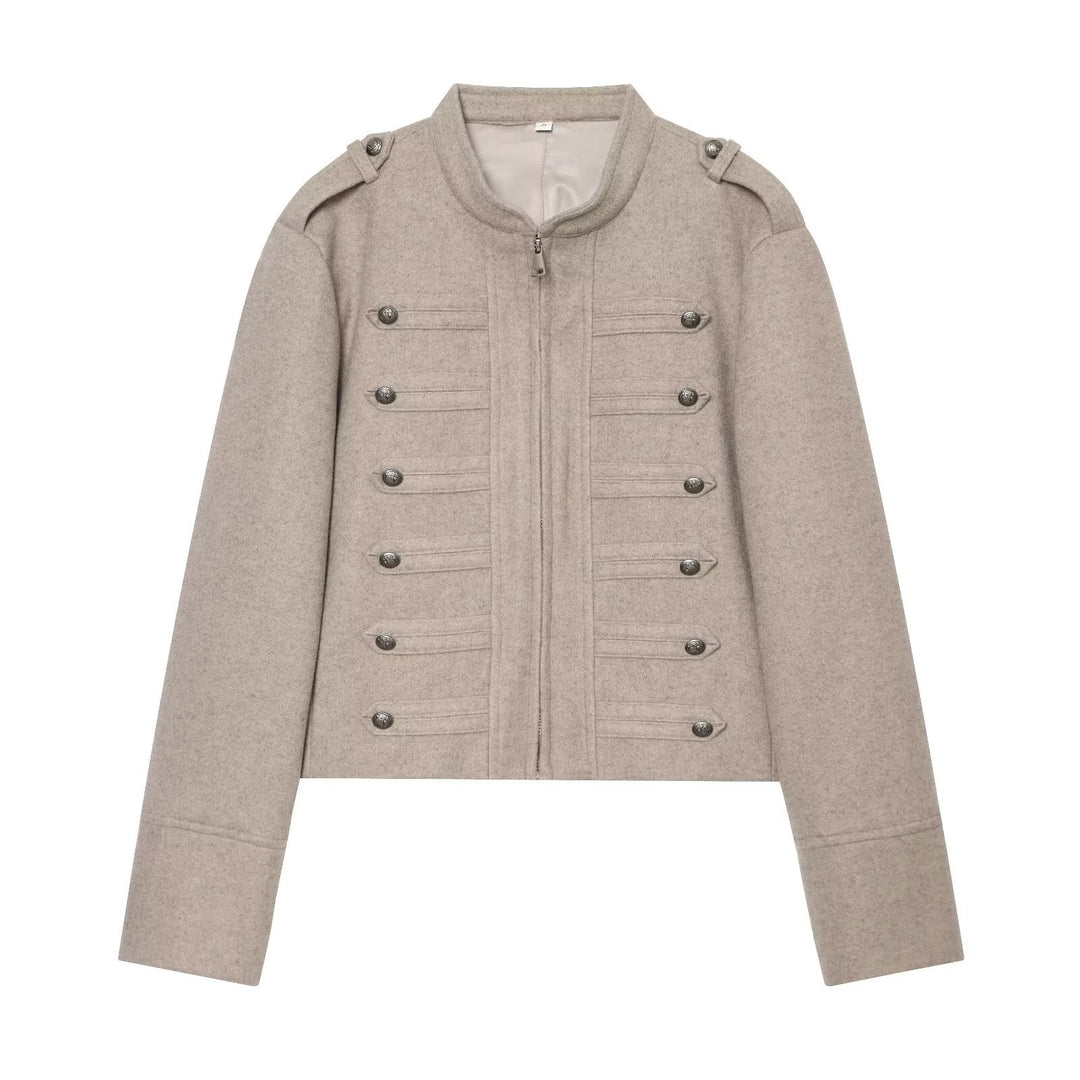 Women's Military Inspired Cropped Wool Blend Jacket with Decorative Button Placket and Stand-Up Collar Mune Fashion