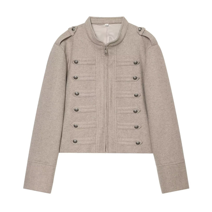 Women's Military Inspired Cropped Wool Blend Jacket with Decorative Button Placket and Stand-Up Collar Mune Fashion