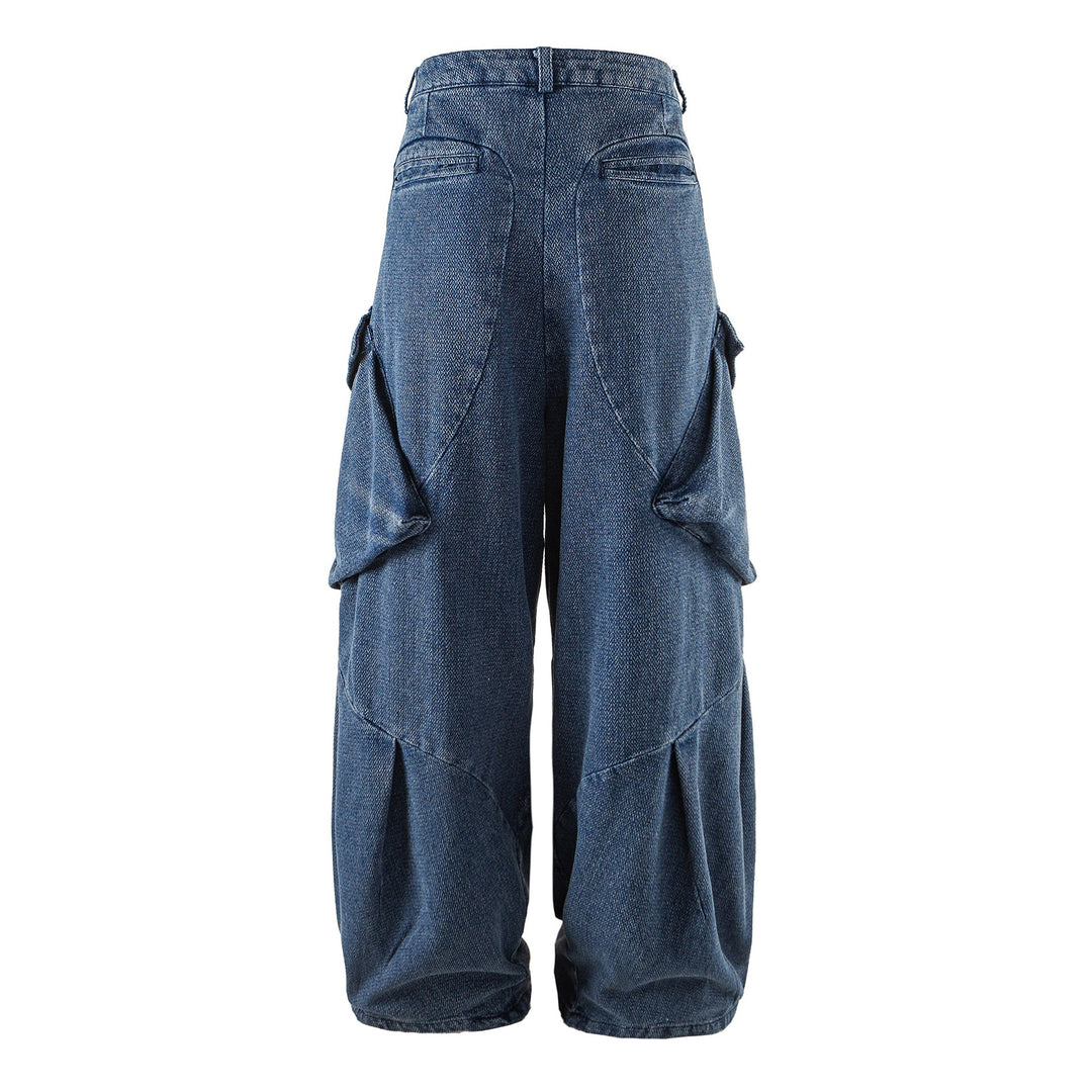Women Wide Cargo Jeans Pants with High Waist, Distinctive Partial Seams and Decorative Pockets Mune Fashion