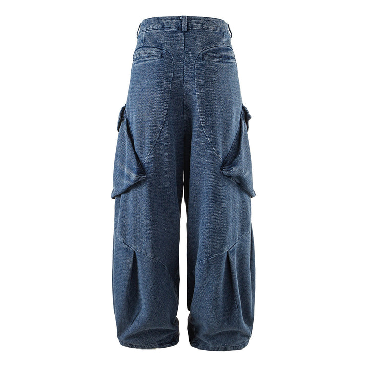 Women Wide Cargo Jeans Pants with High Waist, Distinctive Partial Seams and Decorative Pockets Mune Fashion