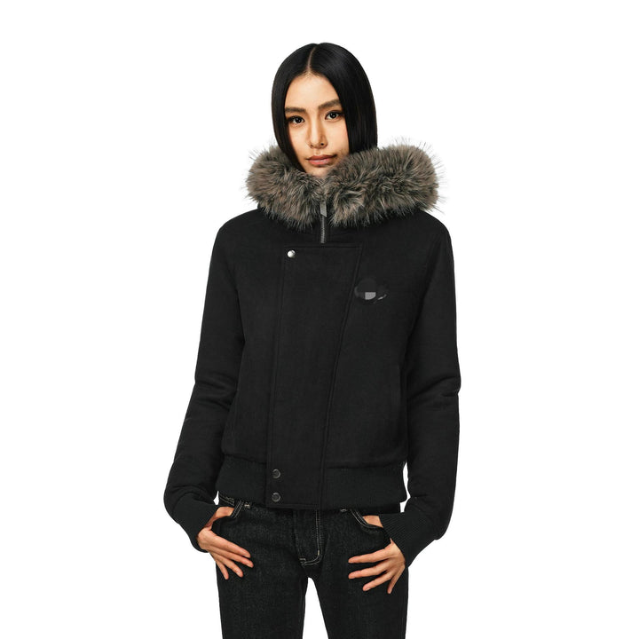 Women's short lambskin look bomber jacket with voluminous hood trim and thumb hole cuffs Mune Fashion