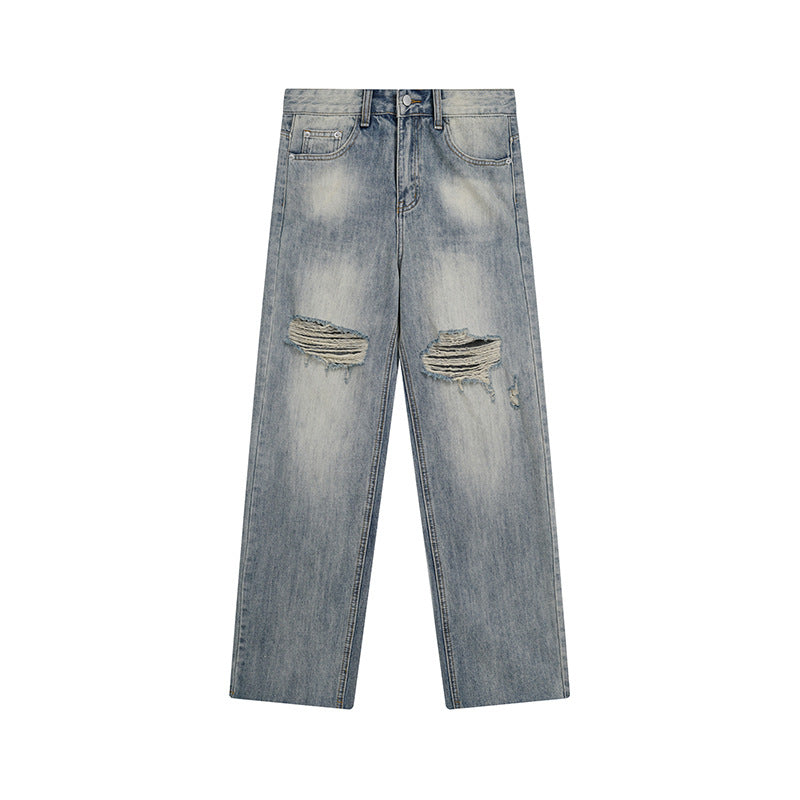 Women’s Wide Destroyed Jeans with High Waist, Straight Leg and Knee Rips Mune Fashion