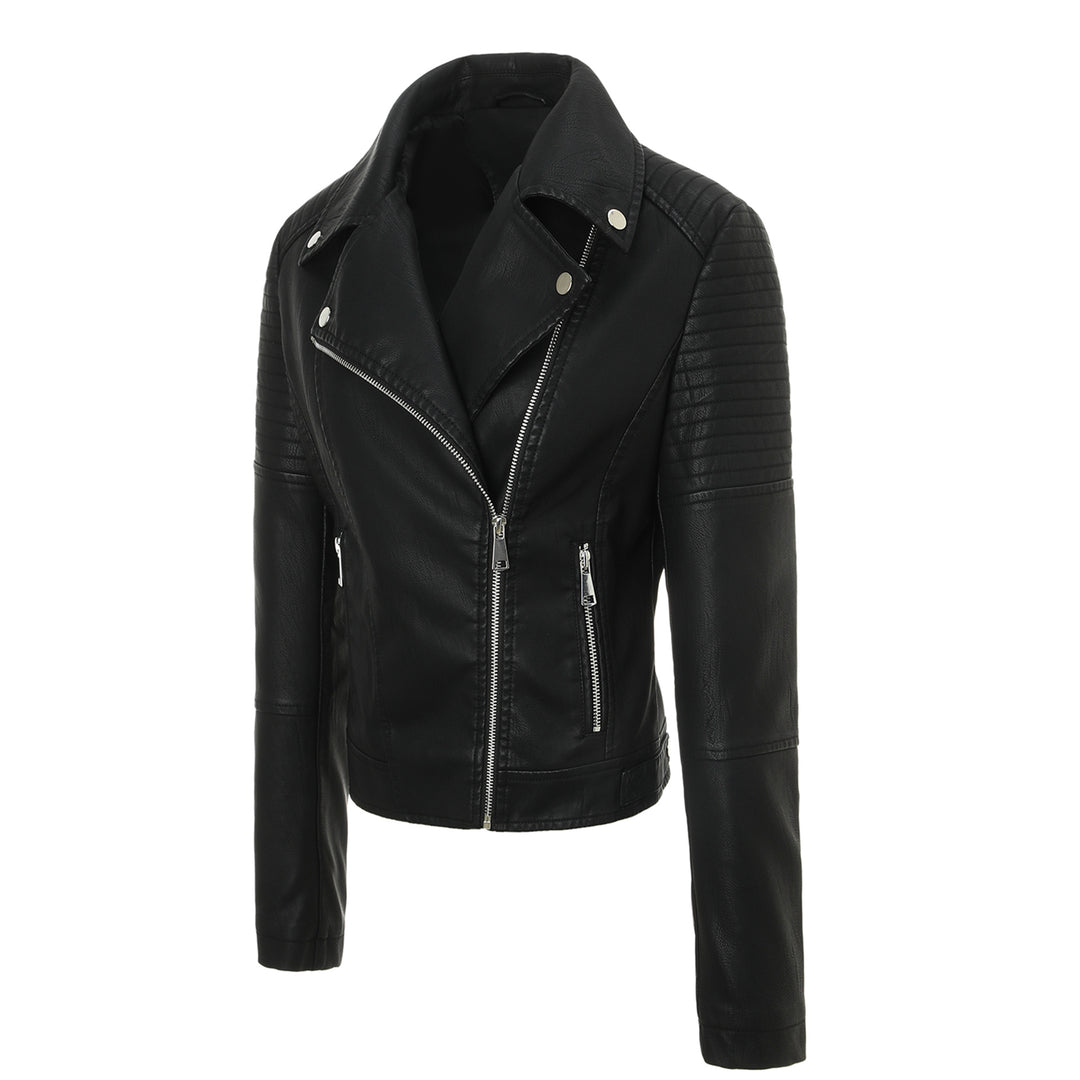 Ladies Tailored Biker Jacket made of Leatherette with Quilted Shoulder Area and Asymmetrical Zipper Mune Fashion