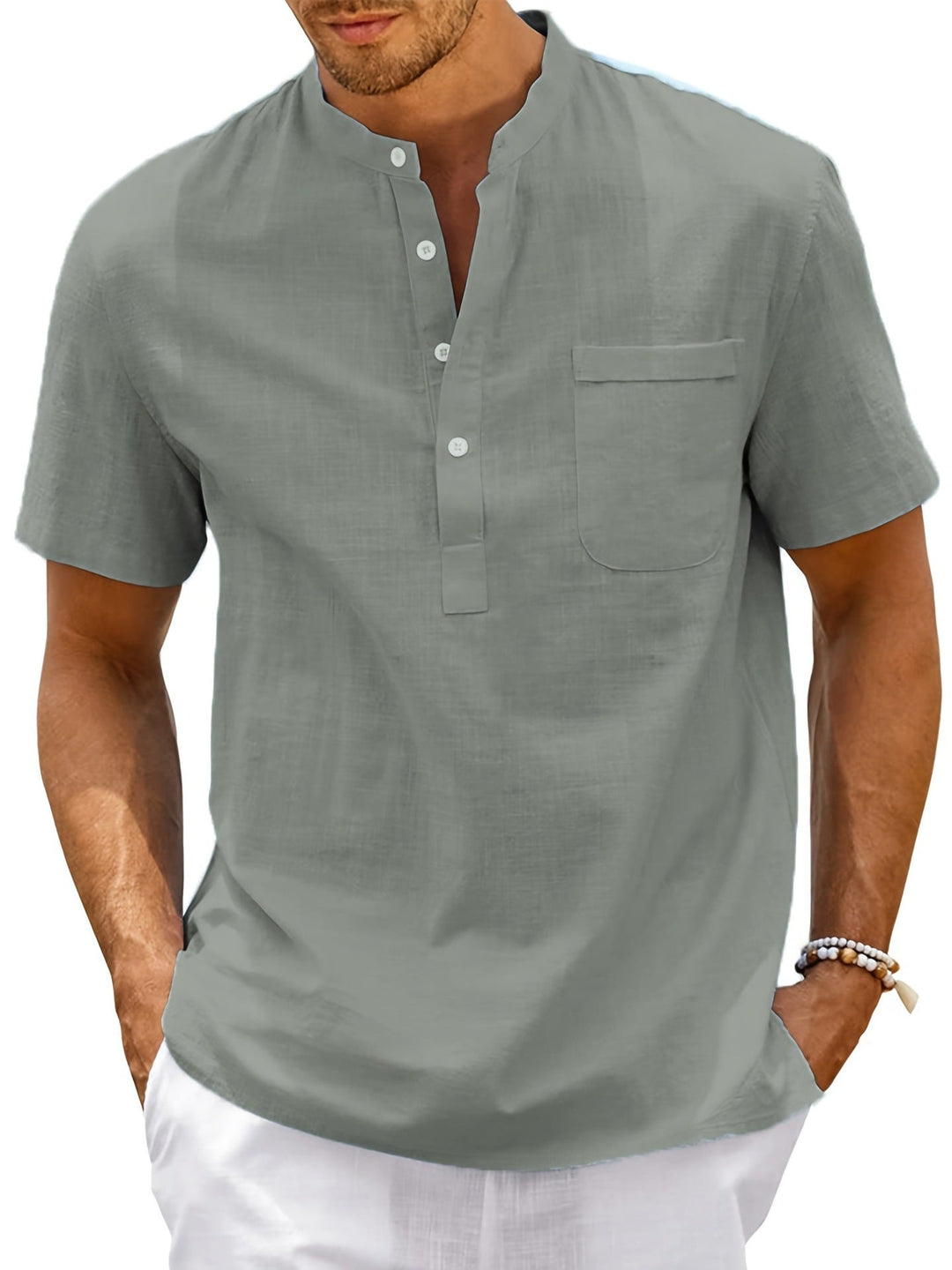 Men's Comfortable Short Sleeve Shirt with Stand Collar Mune Fashion