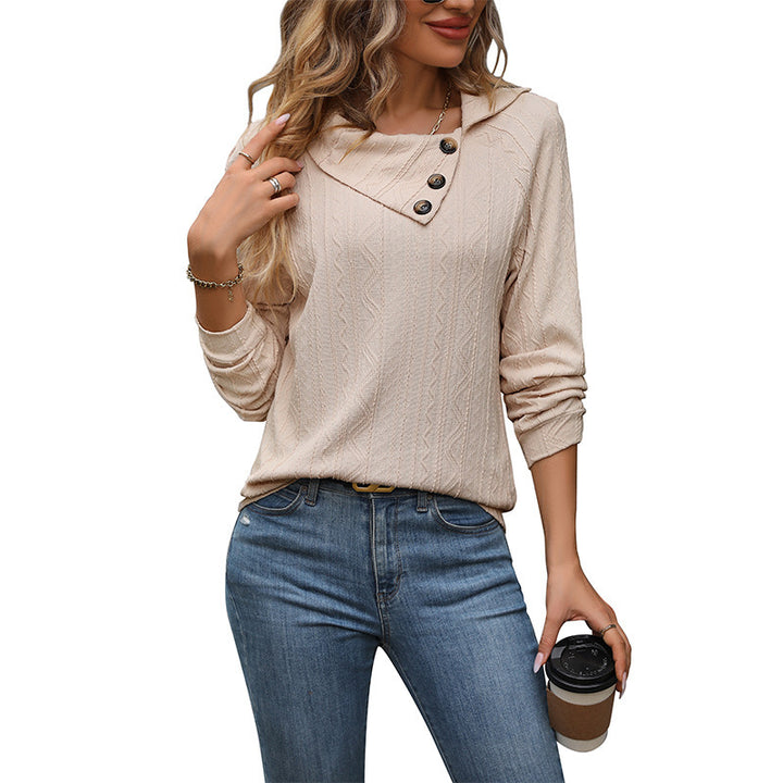 Women's knit top with asymmetric collar and button details Mune Fashion