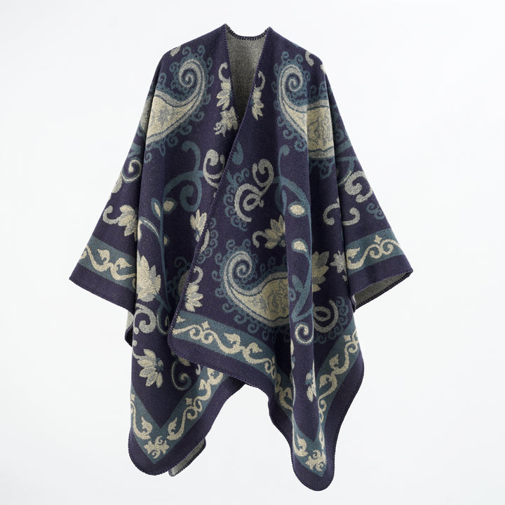 Women's jacquard wool blend poncho with paisley jacquard and open kimono fall Mune Fashion