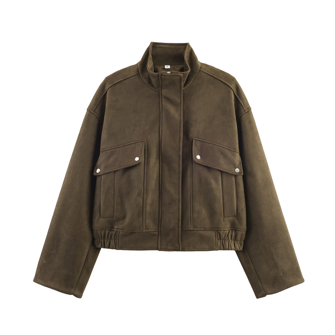 Women's Short-cut Velour-look Bomber Jacket with Stand-up Collar and Flap Pockets Mune Fashion