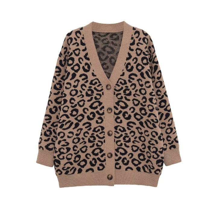 Women's Oversized Knit Cardigan with Leopard Print, V-Neck and Button Placket Mune Fashion