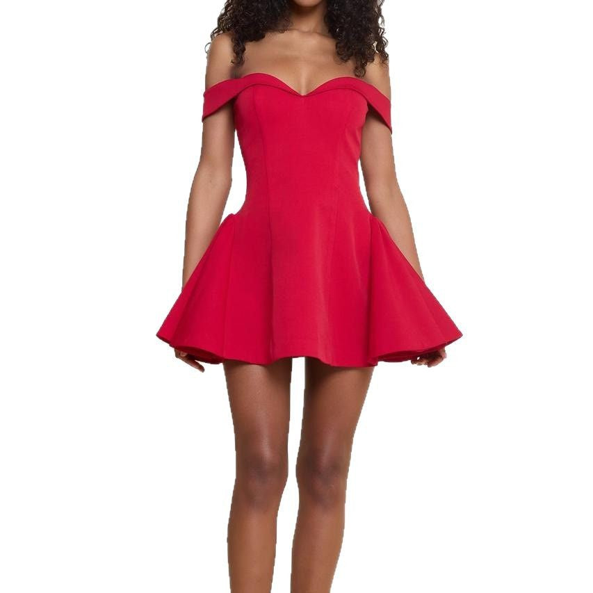Women's short off-the-shoulder A-line dress with heart neckline, fitted bodice and side pockets Mune Fashion
