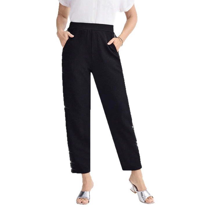 Women Elegant straight-cut fabric pants with elastic waistband and side glitter trim Mune Fashion