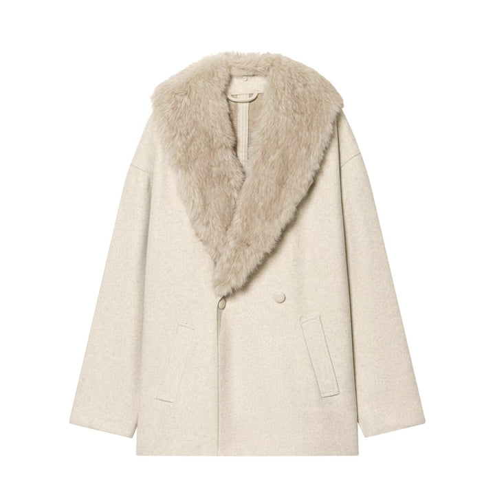 Women Short Wool Blend Coat with Oversized Faux Fur Shawl Collar Mune Fashion